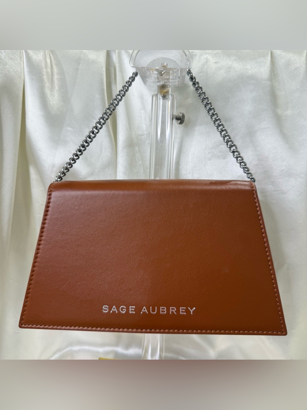 Sage Aubrey Hera Clutch Bag Brown Geometric Leather Chain Strap Fall City Chic
